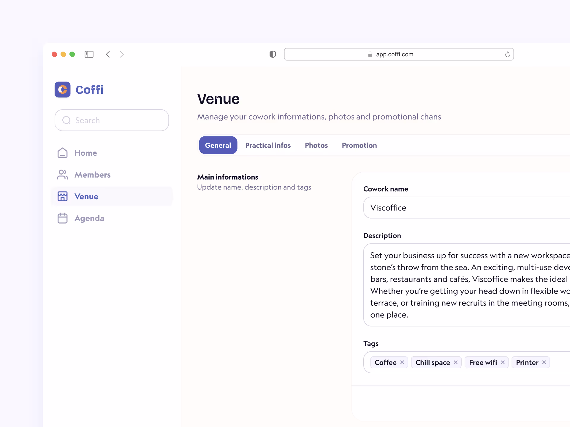 Venue informations page mockup